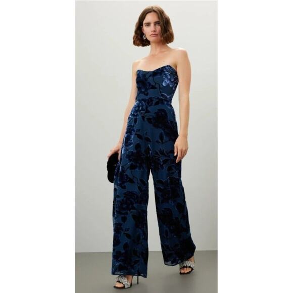 RTR sz 6 Hutch sonnie royal blue velvet floral print strapless jumpsuit wide leg - Picture 1 of 11